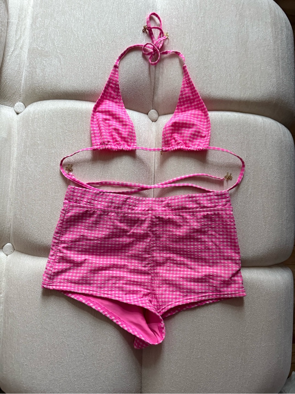 Kulani Kinis Hot Pink Gingham Triangle Bikini Top & High-Waist Shorts Set